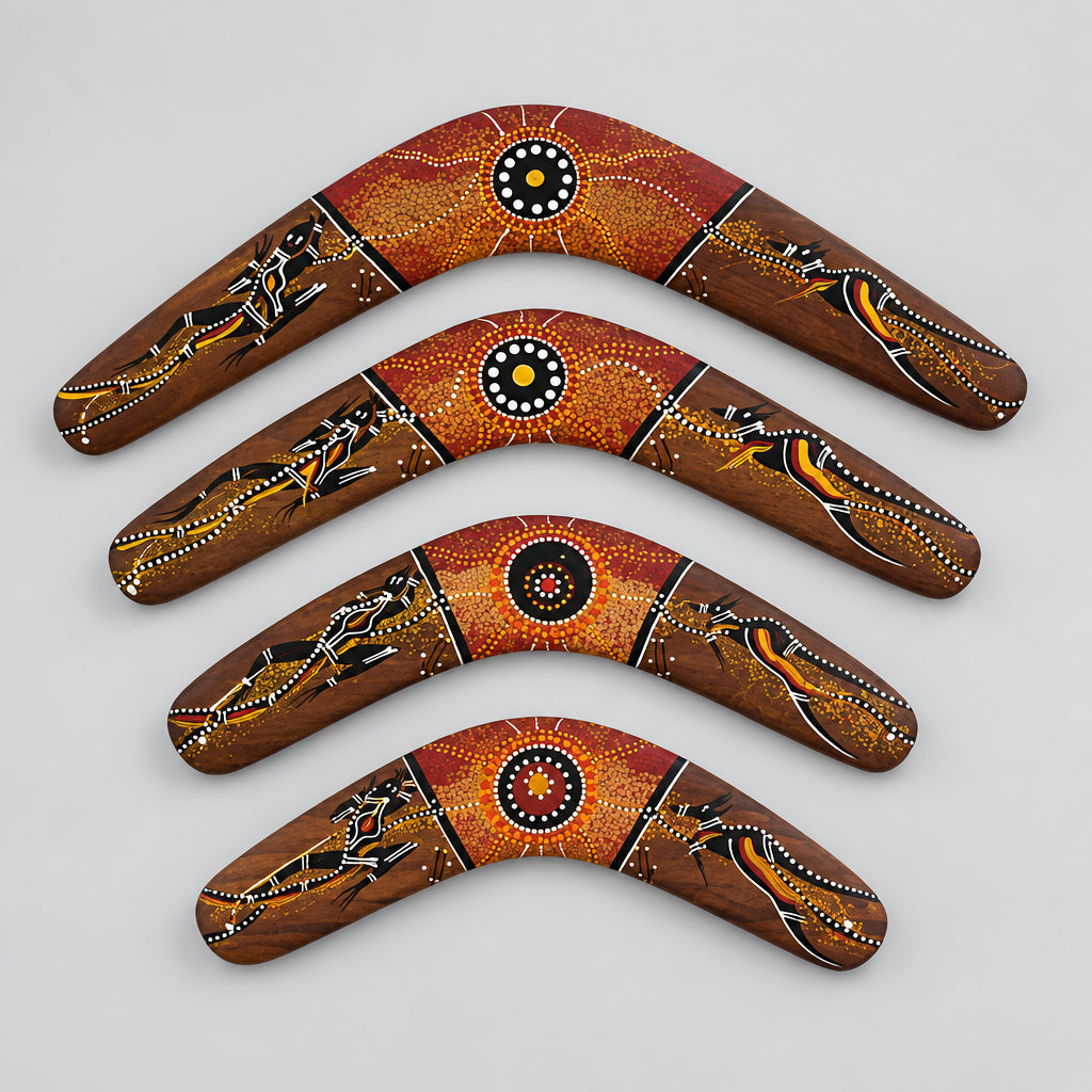 Sunrise hardwood boomerangs kangaroo goanna design