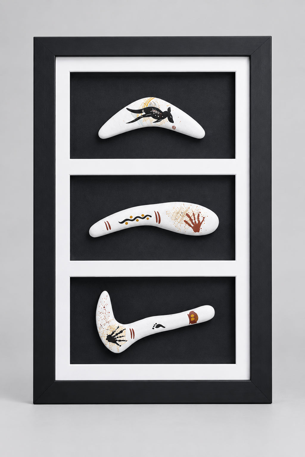 Framed triple clay cave art Artefacts.