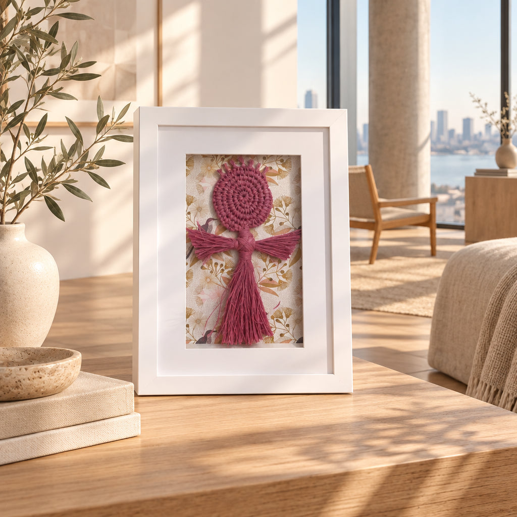 framed indigenous weaving spirit doll