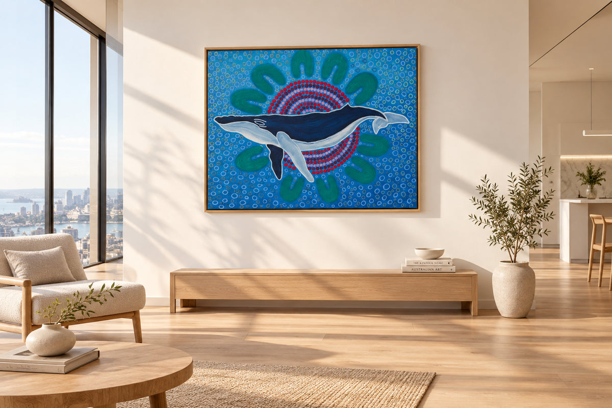 Hand painted stretched canvas by Nathan Falk Whale Dreaming