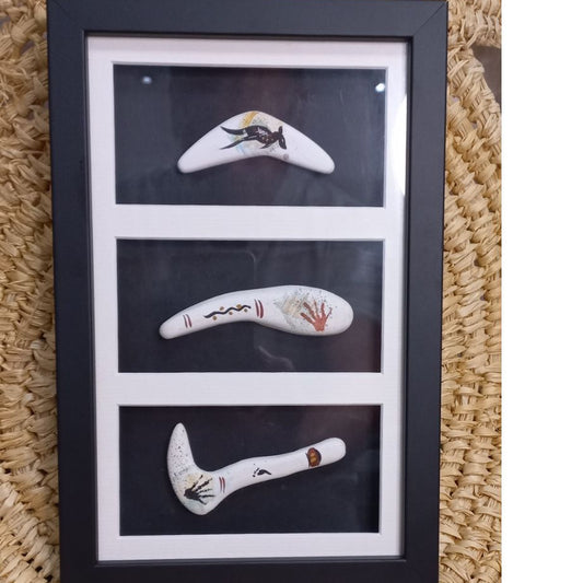 Framed triple clay cave art Artefacts.