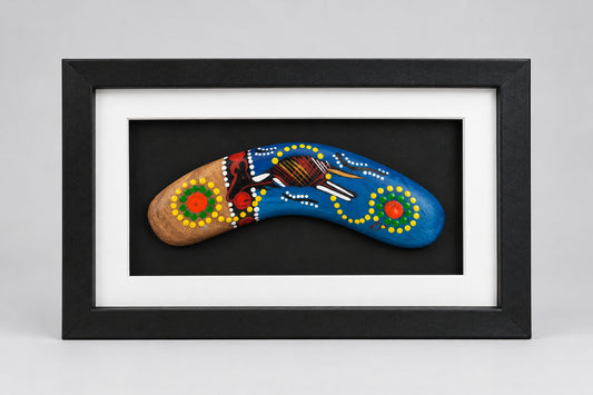 Framed hand painted 6 inch hardwood boomerang bt leading Aboriginal Artist