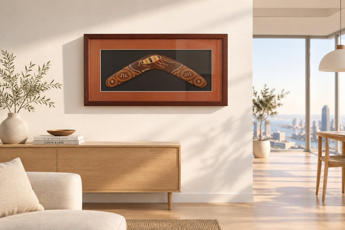 Framed 20 inch Wooden Boomerang hand painted by Karl Hardy