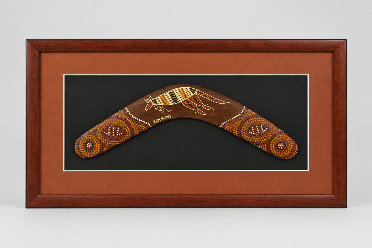 Framed 20 inch Wooden Boomerang hand painted by Karl Hardy