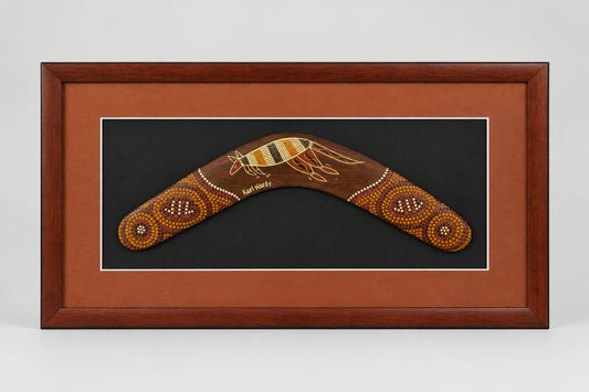 Framed 20 inch Wooden Boomerang hand painted by Karl Hardy