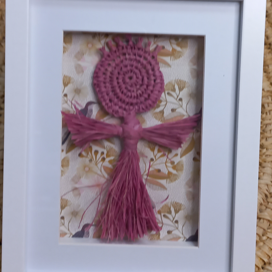 framed indigenous weaving spirit doll