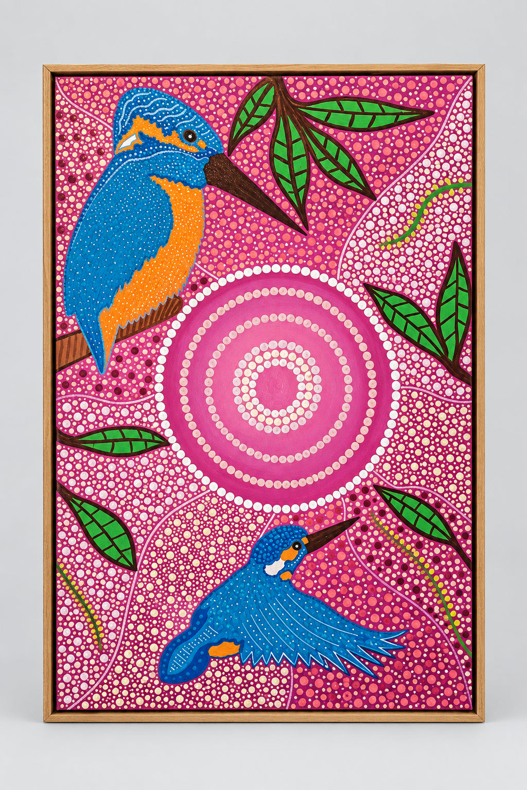 Shadow box framed Hand painted stretched canvas by Nathan Falk Kingfisher Dreaming.