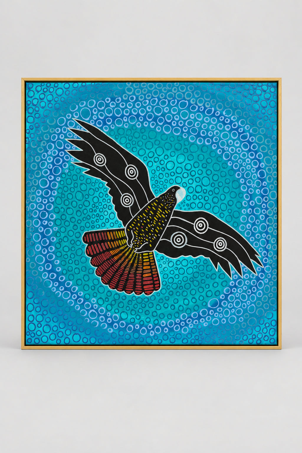 Hand painted stretched canvas by Nathan Falk Black Cockatoo Songline