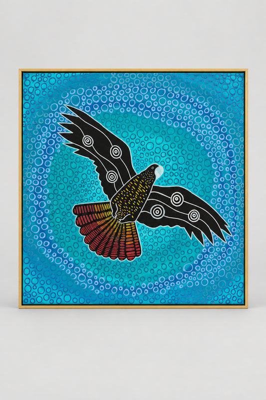Hand painted stretched canvas by Nathan Falk Black Cockatoo Songline